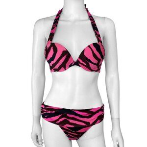 Y2K 00s Victoria's Secret Bimbo Pink Zebra Pushup Swimsuit Set Sz 34B/S